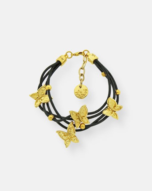PULSERA CUERO 4 MARIPOSAS VUELA ORO