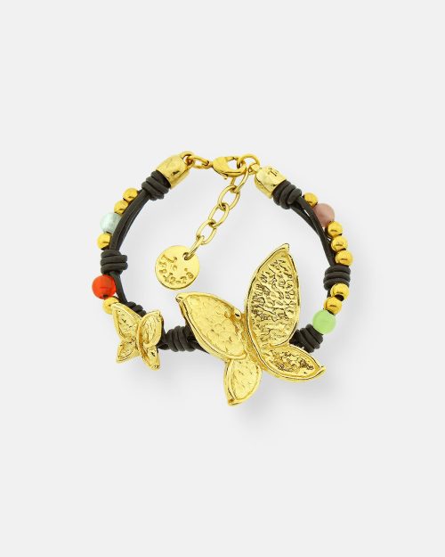 PULSERA CUERO BOLAS VUELA GR.ORO