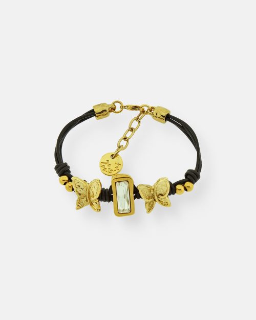 PULSERA CUERO CRISTAL 2 MARIPOSAS VUELA PEQ.ORO