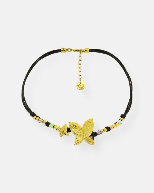 GARGANTILLA CUERO BOLAS 2 MARIPOSAS VUELA ORO
