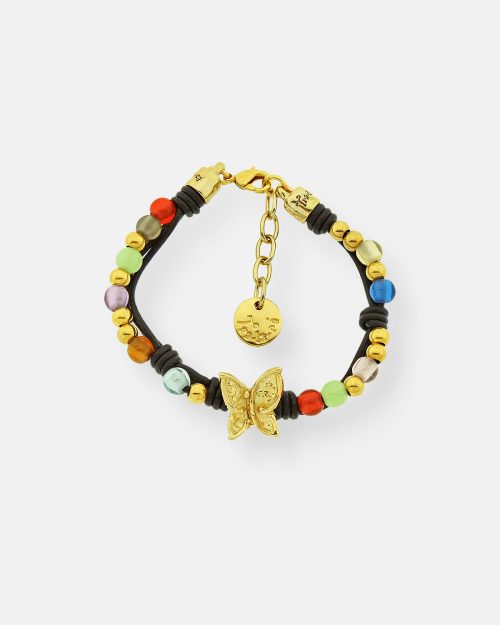 PULSERA CUERO BOLAS VUELA PEQ.ORO