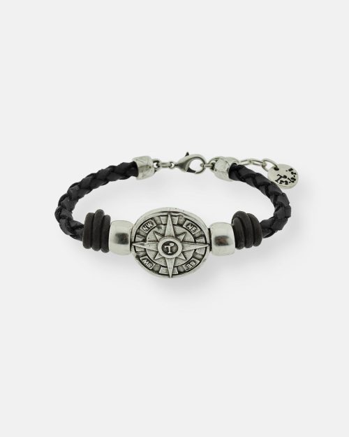 PULSERA CUERO TRENZADO NUDOS BRÚJULA