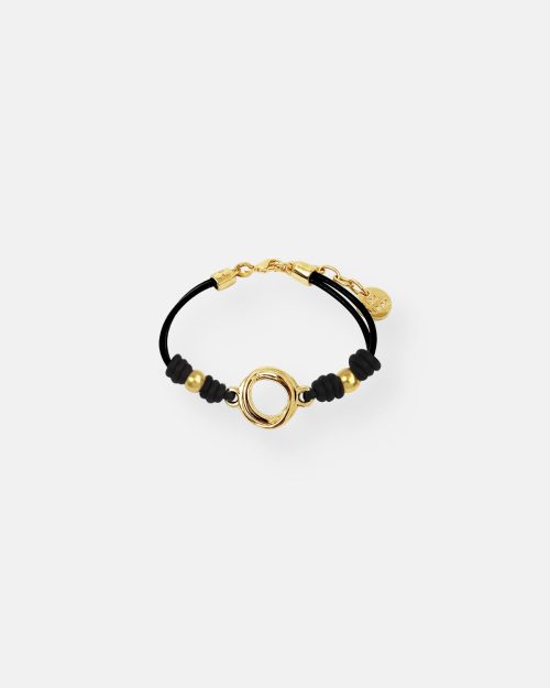 PULSERA CUERO BOLAS HUECO TUAREG ORO