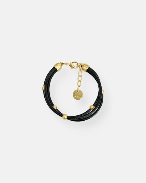 PULSERA CUERO BOLAS ESPIGA ORO